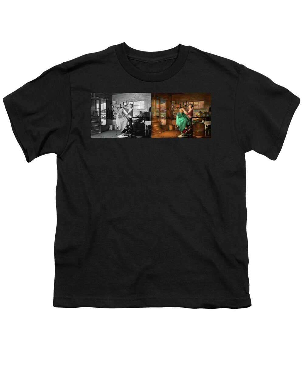 Barber Art Youth T-Shirt featuring the photograph Barber - JH Parham Barber and Notary Public 1941 - Side by Side by Mike Savad