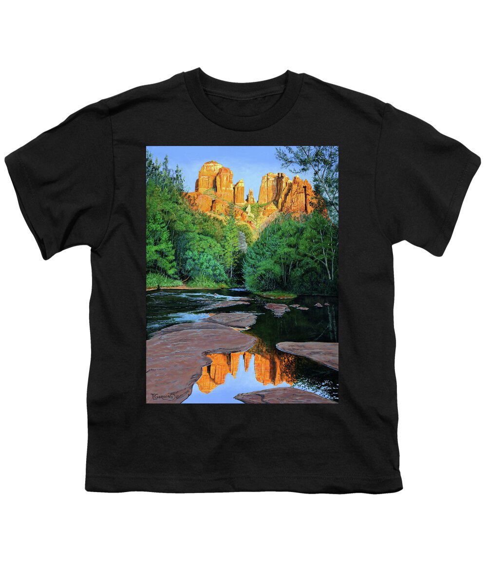Morning Youth T-Shirt featuring the painting Cathedral Rock at Oak Creek by Timithy L Gordon