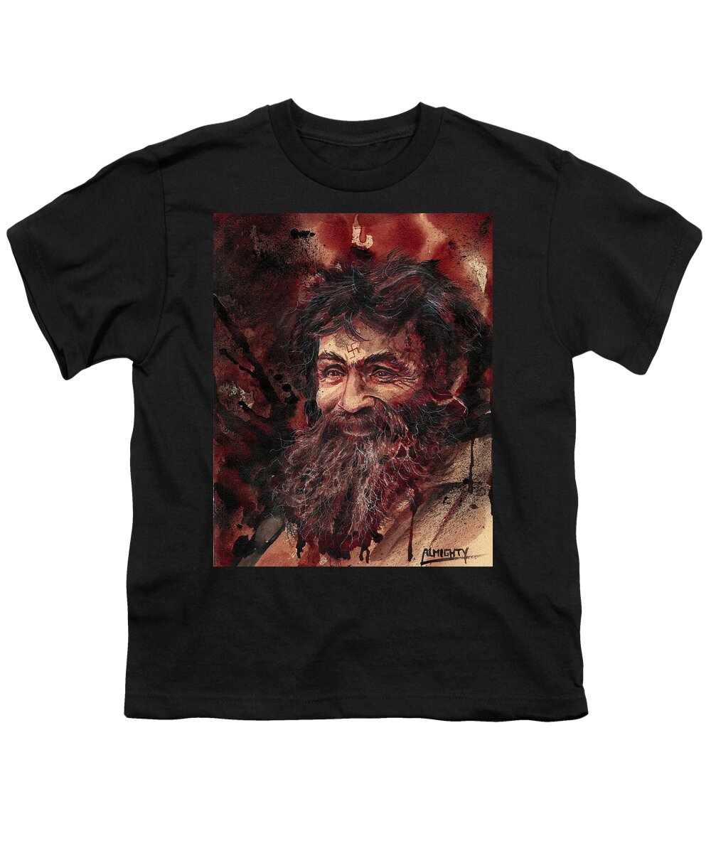 Ryan Almighty Youth T-Shirt featuring the painting CHARLES MANSON portrait dry blood #1 by Ryan Almighty