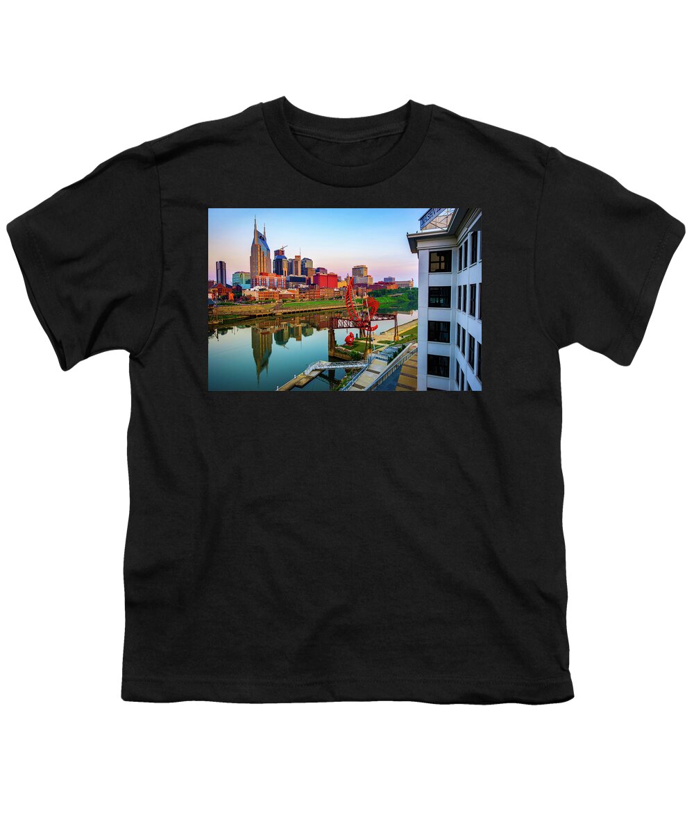 Nashville Skyline Youth T-Shirt featuring the photograph Colorful Nashville Skyline Reflections From the Pedestrian Bridge by Gregory Ballos