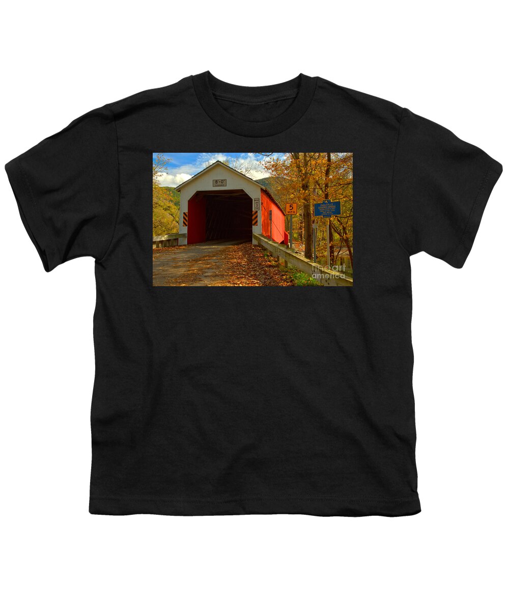 Eagleville Covered Bridge Youth T-Shirt featuring the photograph Crossing The Battenkill River by Adam Jewell