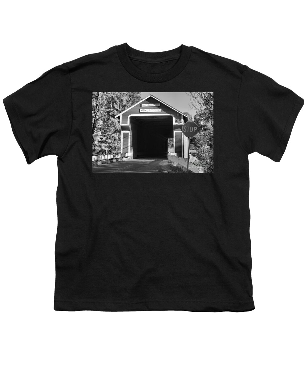 Slate Covered Bridge Youth T-Shirt featuring the photograph Evening At The Slate Covered Bridge Black And White by Adam Jewell