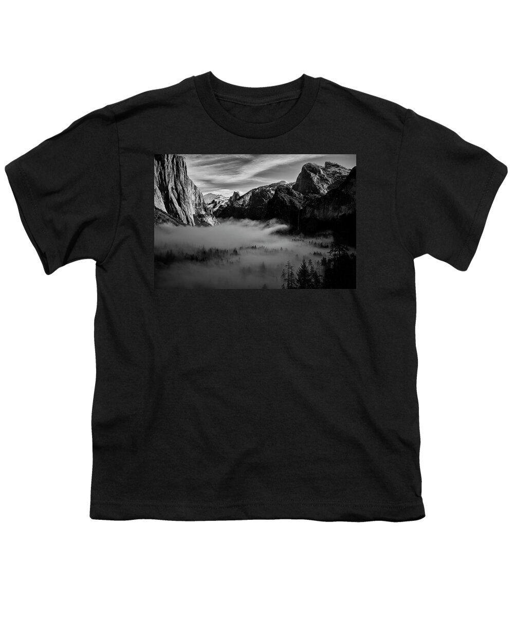 Black And White Youth T-Shirt featuring the photograph Fog in Yosemite by Jon Glaser
