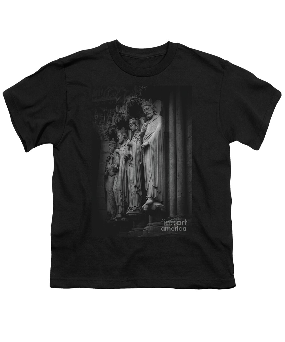Black And White Youth T-Shirt featuring the photograph Four Figure Sculptures on Notre Dame, Paris 2016 by Liesl Walsh
