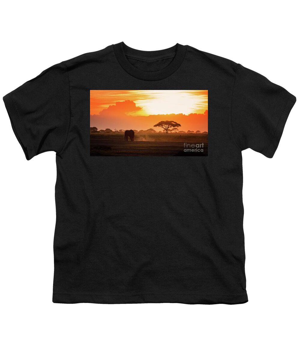 Sunset Youth T-Shirt featuring the photograph Lone elephant walking through Amboseli at sunset by Jane Rix