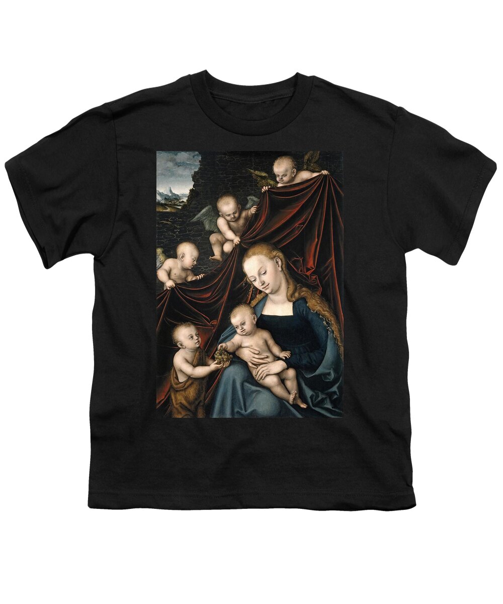 Lucas Cranach The Elder Youth T-Shirt featuring the painting Lucas Cranach / 'The Virgin and Child, with Saint John and Angels', 1536, German School. by Lucas Cranach the Elder -1472-1553-