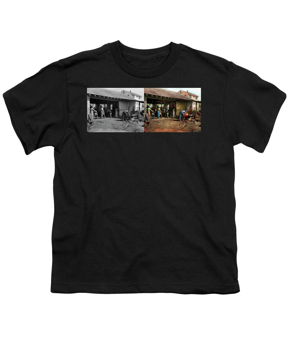 Machinist Youth T-Shirt featuring the photograph Machinist - Backyard machinists 1942 - Side by Side by Mike Savad