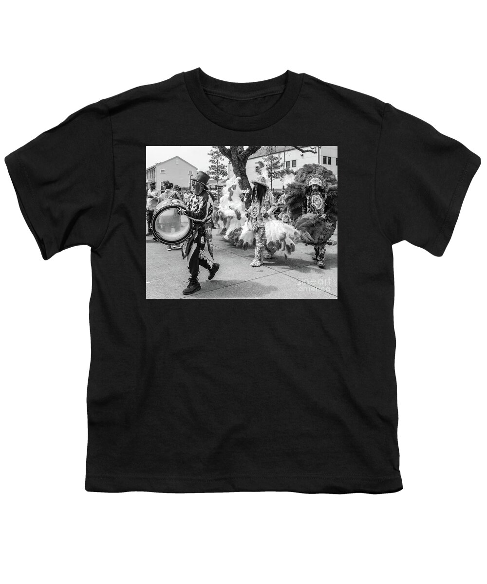 Men Youth T-Shirt featuring the photograph Marching on Mardi Gras Indian Day - BW by Kathleen K Parker