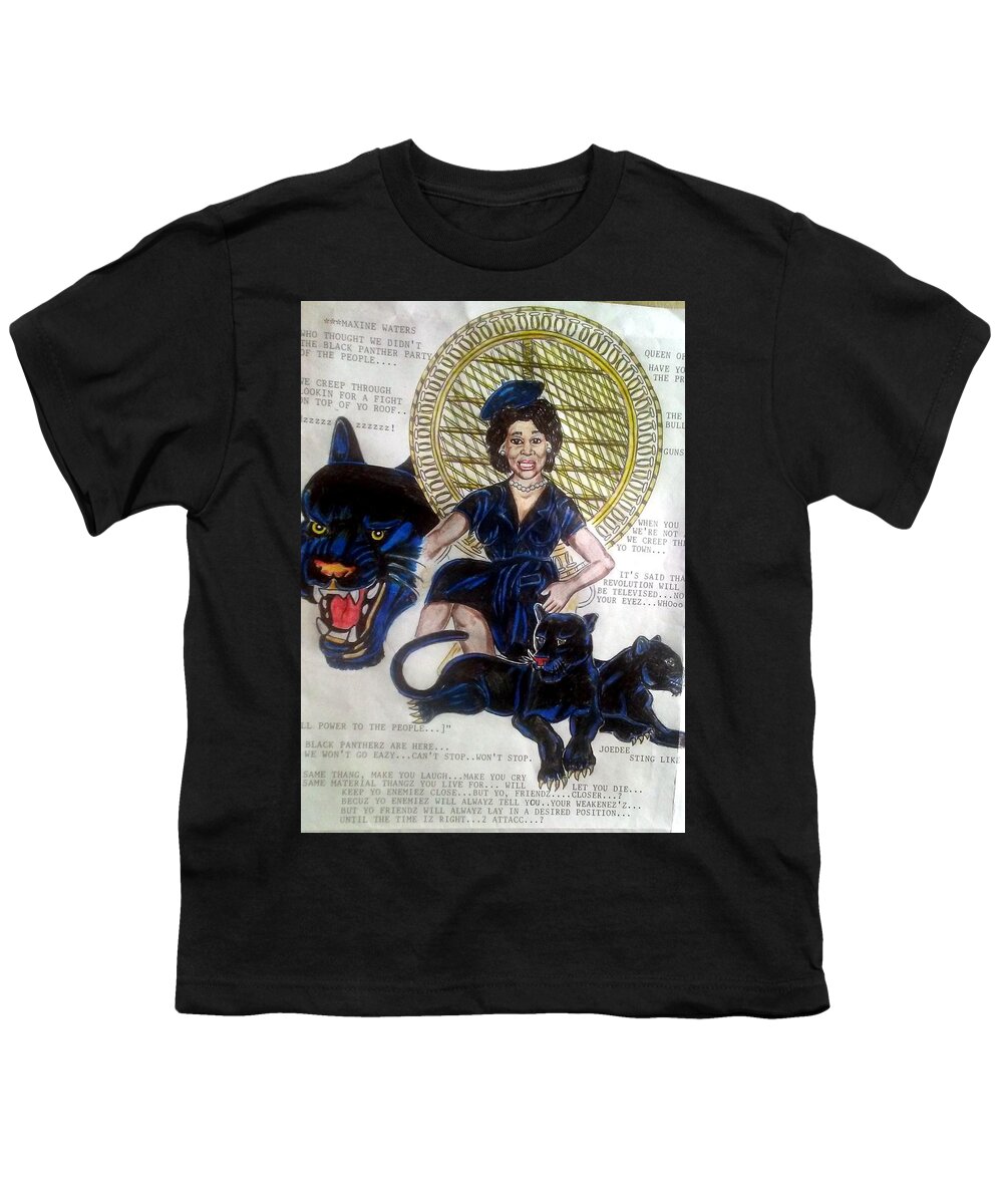 Black Art Youth T-Shirt featuring the drawing Maxine Waters Queen of Throne by Joedee