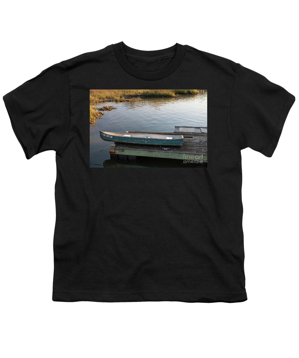 Canoe Youth T-Shirt featuring the photograph Old Canoe on Dock in Shem Creek by Dale Powell