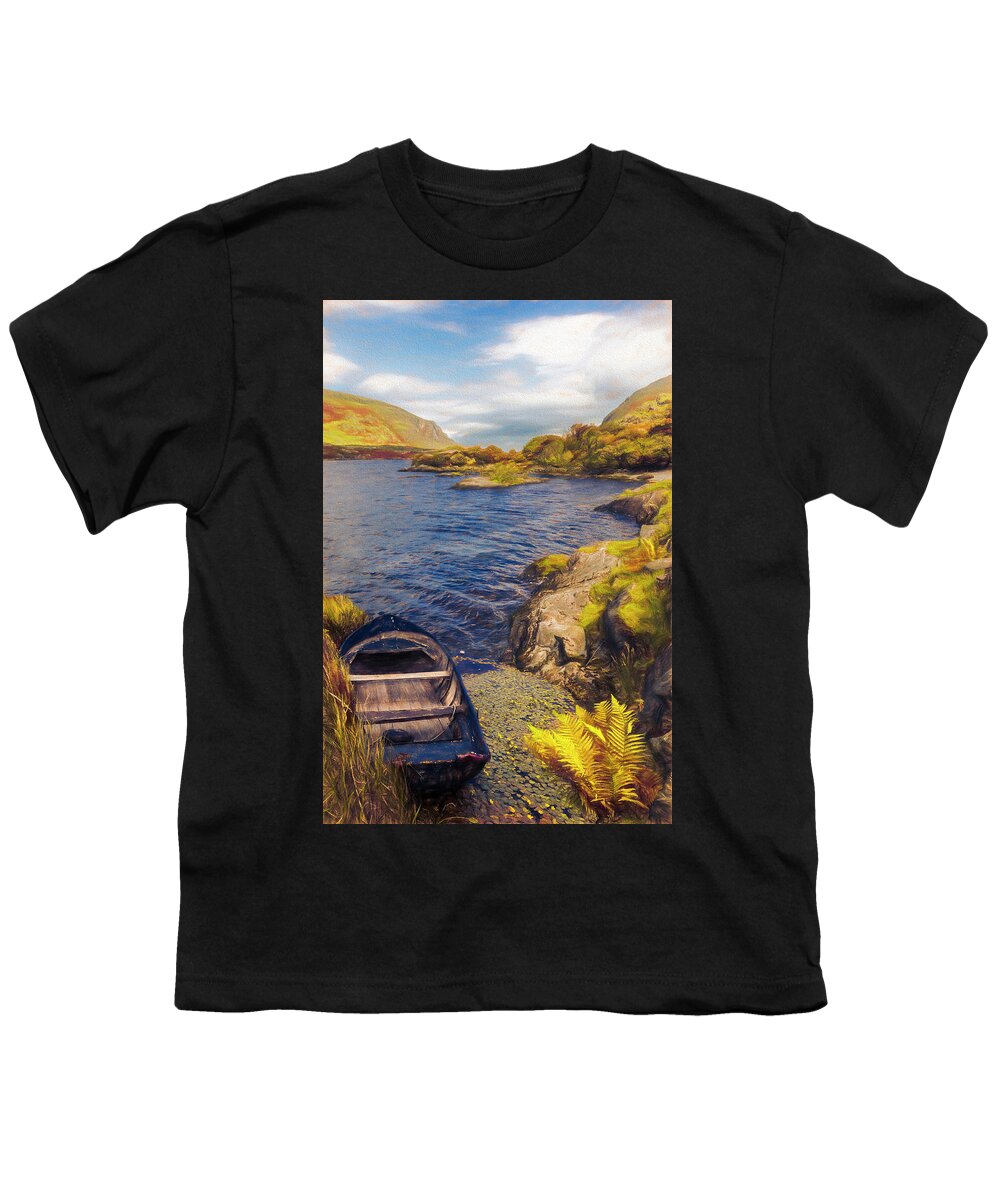 Boats Youth T-Shirt featuring the photograph On a Lake of Blue in Autumn Watercolors by Debra and Dave Vanderlaan