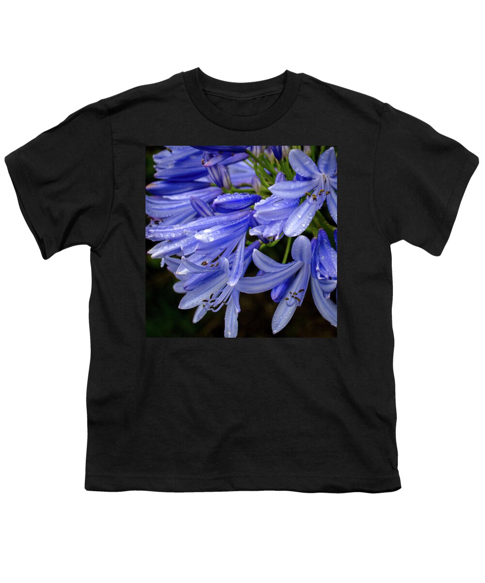 Alii Kula Lavender Farm Youth T-Shirt featuring the photograph Rain Drops on Blue Flower II by Jeff Phillippi
