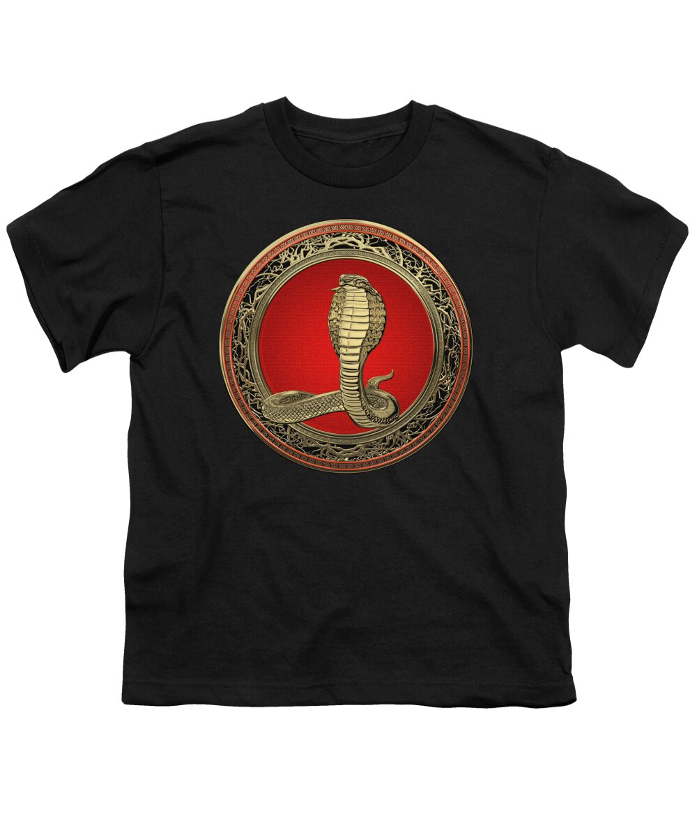 'beasts Creatures And Critters' Collection By Serge Averbukh Youth T-Shirt featuring the digital art Sacred Gold King Cobra on Black Canvas by Serge Averbukh