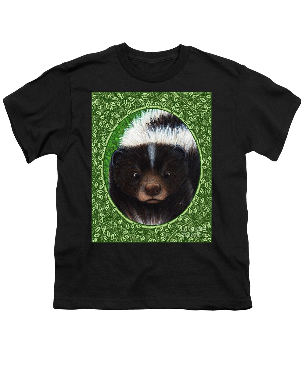 Animal Portrait Youth T-Shirt featuring the painting Skunk Portrait - Green Border by Amy E Fraser