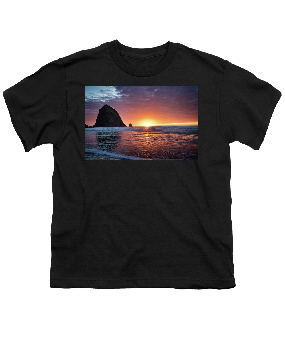 Sunset Youth T-Shirt featuring the photograph Sunset at the Rock - Cannon Beach by Jeanette Mahoney