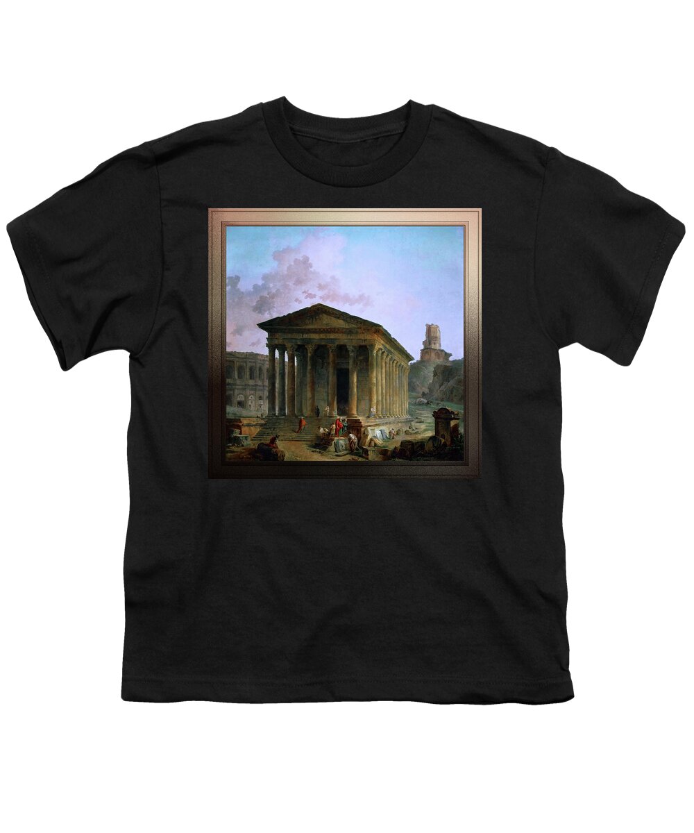 Maison Carée Youth T-Shirt featuring the digital art The Maison Caree the Arenas and the Magne Tower in Nimes by Hubert Robert by Rolando Burbon
