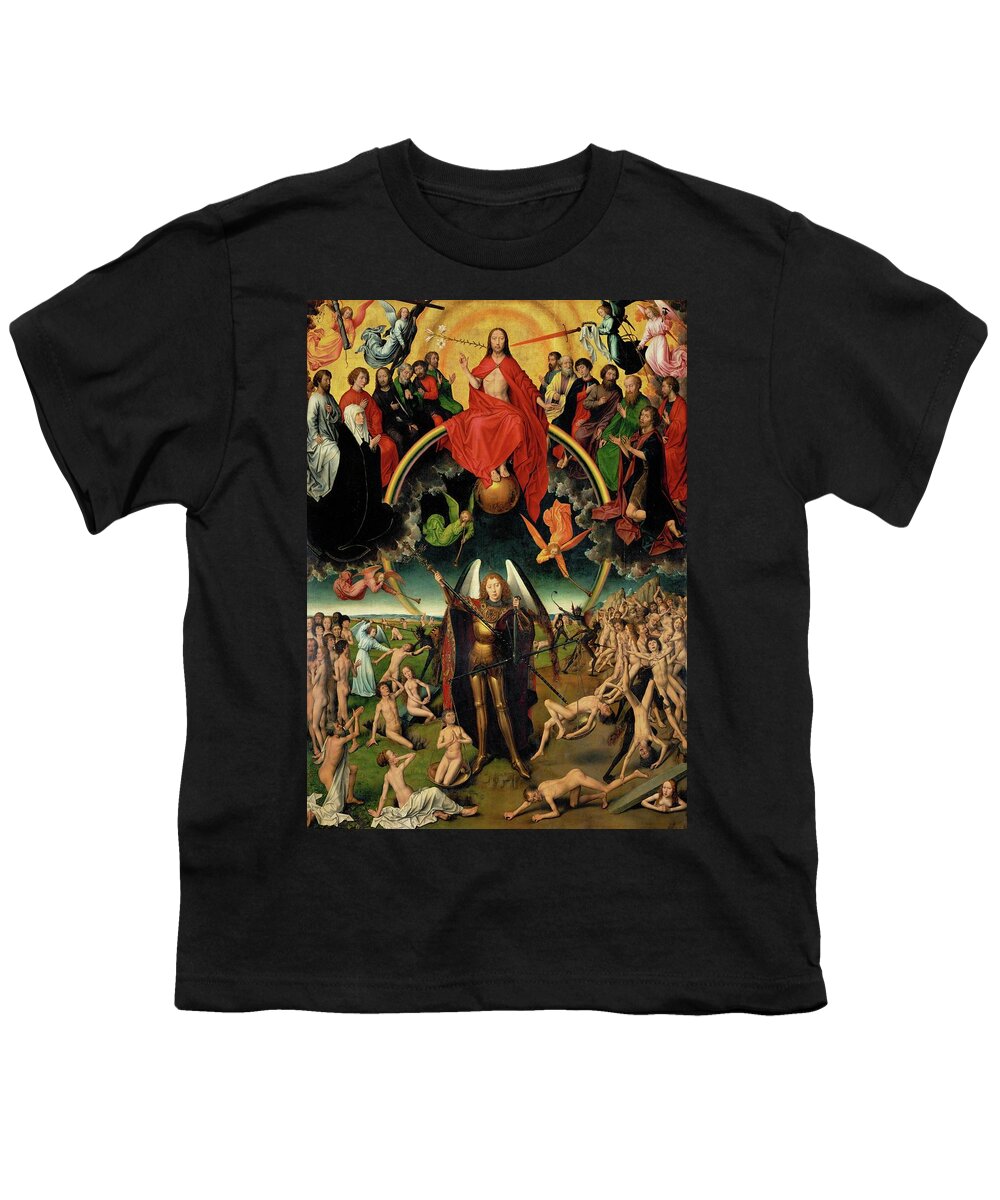 Archangel Michael Youth T-Shirt featuring the painting Triptych with the Last Judgement, center panel Judgement and Weighing of Souls. 1467-1471. by Hans Memling -c 1433-1494-