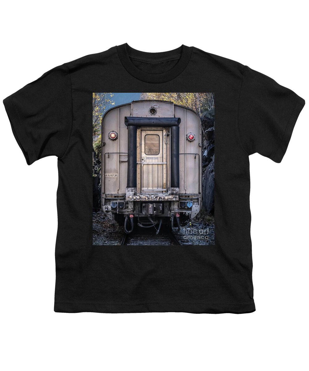 Train Youth T-Shirt featuring the photograph Vintage Passenger Car Conway Scene Railroad by Edward Fielding