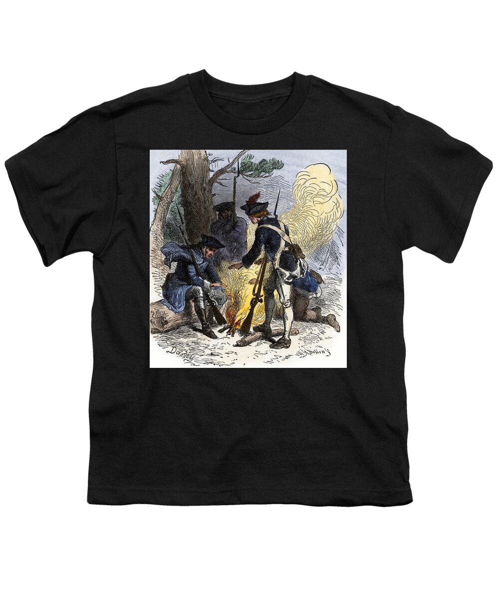 War Youth T-Shirt featuring the drawing War Of Independence Or American Revolution (1775-1783) Tired American Soldiers Gather To Heat Themselves Around A Campfire In Valley Forge (pennsylvania) Coloured Water, 19th Century by American School