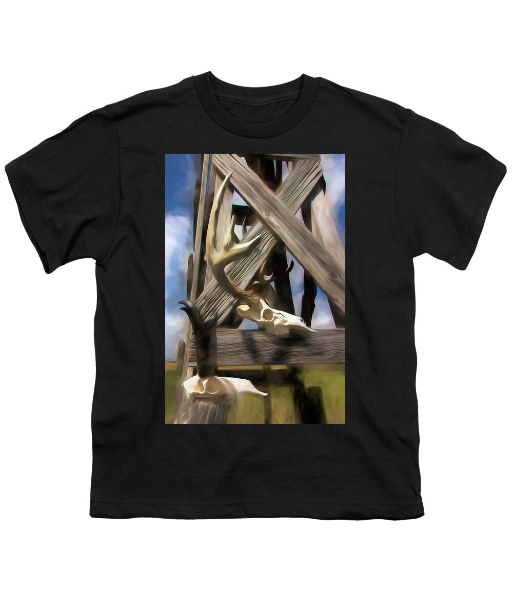 Kansas Youth T-Shirt featuring the photograph Windmill with skulls 01 by Rob Graham