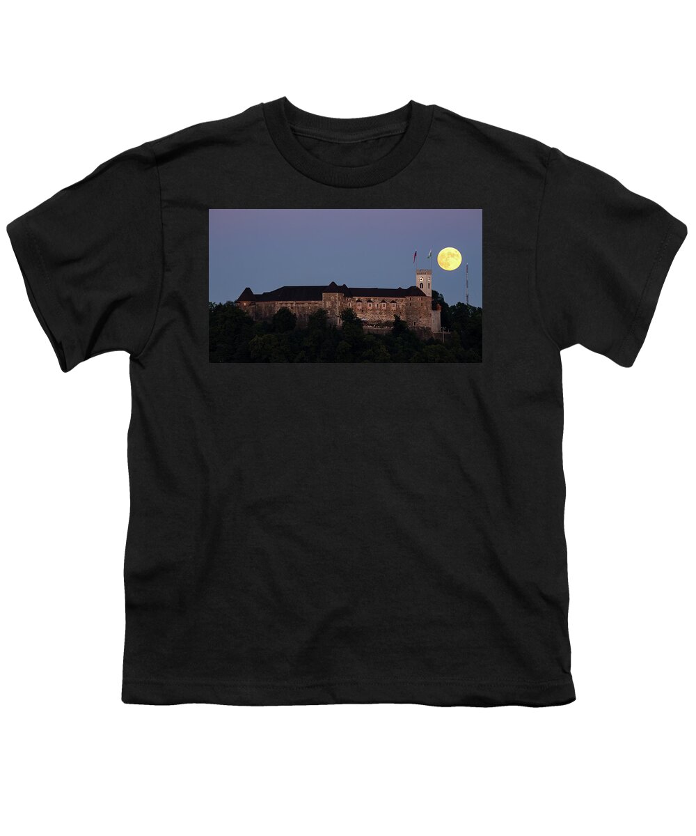 Ljubljana Youth T-Shirt featuring the photograph Full moon behind Ljubljana Castle #1 by Ian Middleton