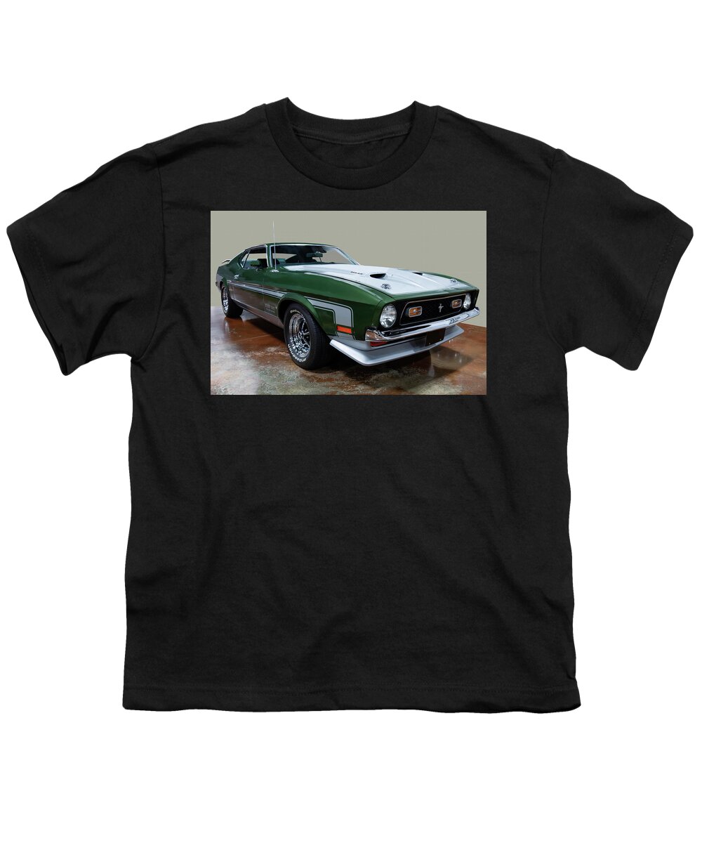 1971 Ford Mustang Boss 351 Youth T-Shirt featuring the photograph 1971 Ford Mustang Boss 351 dk green by Flees Photos