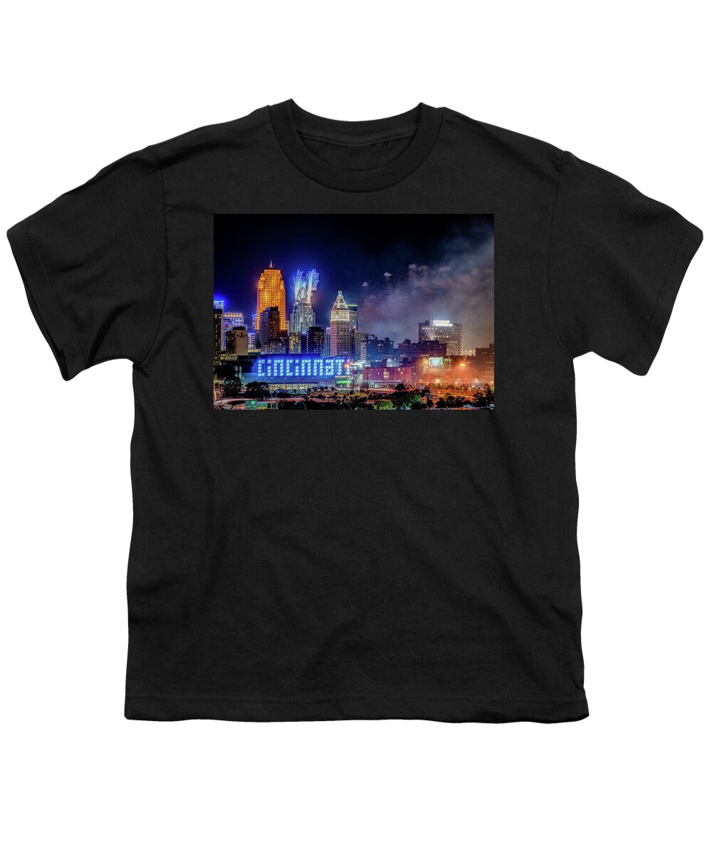 Cincinnati Youth T-Shirt featuring the photograph 2019 WEBN Fireworks Cincinnati Ohio Skyline by Dave Morgan