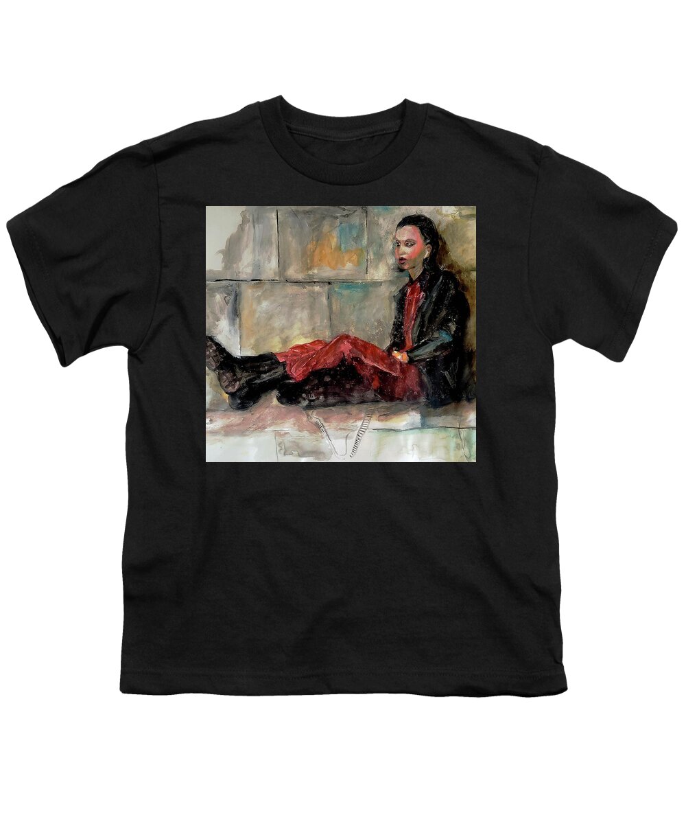 Ear Youth T-Shirt featuring the painting A woman With An Ear Bud Painting by Lisa Kaiser
