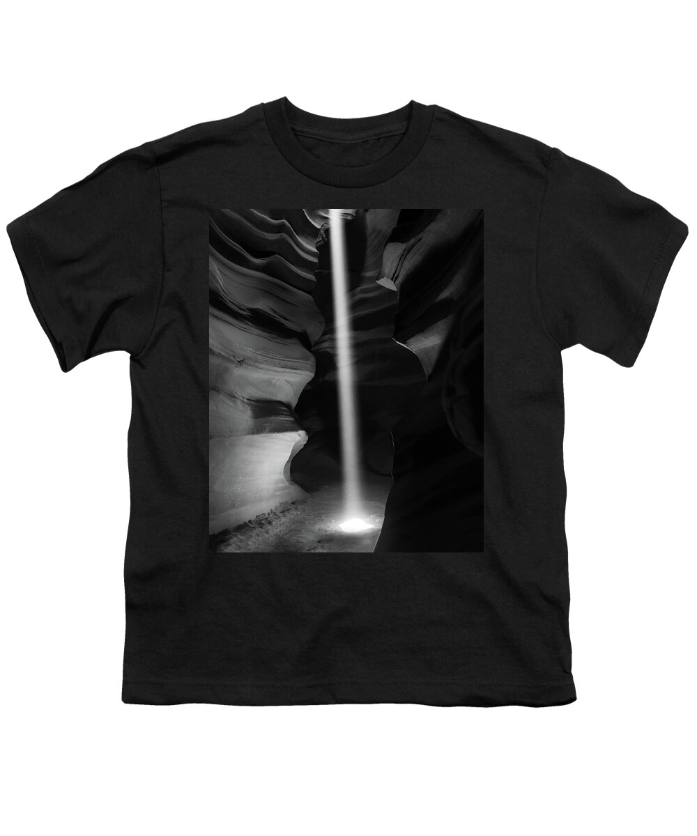 Antelope Canyon Youth T-Shirt featuring the photograph Antelope Canyon Phantom Light - Black and White by Gregory Ballos