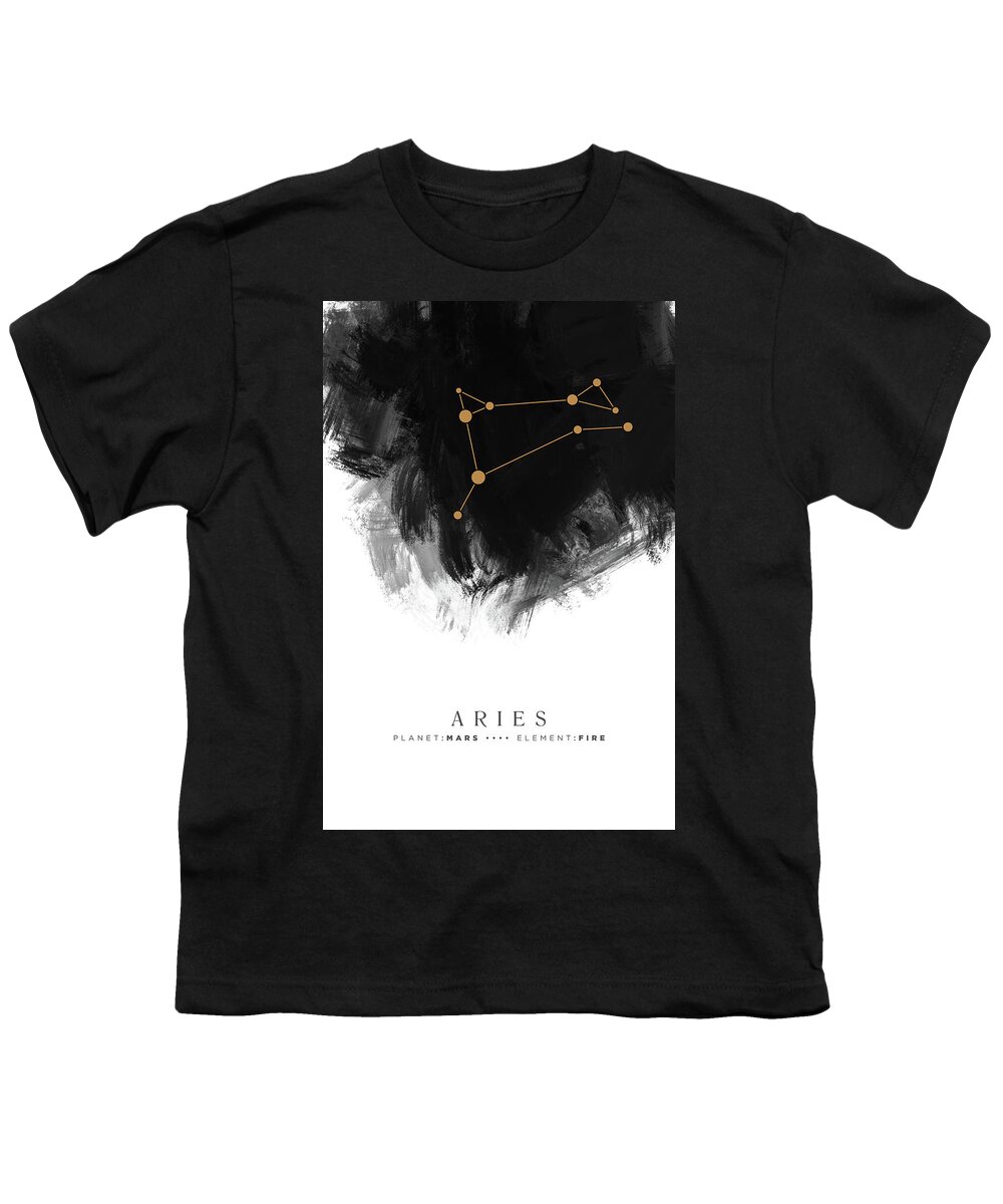 Aries Youth T-Shirt featuring the mixed media Aries Zodiac Sign - Minimal Print - Zodiac, Constellation, Astrology, Good Luck, Night Sky - Black by Studio Grafiikka