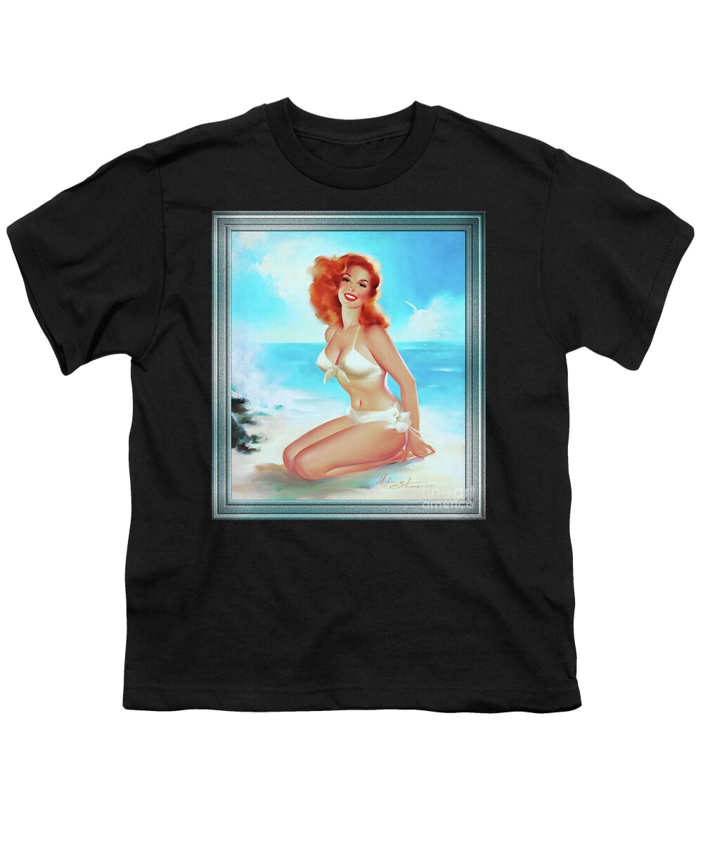 Beach Beauty Youth T-Shirt featuring the painting Beach Beauty by Edward Runci Pin-Up Girl Vintage Artwork by Rolando Burbon