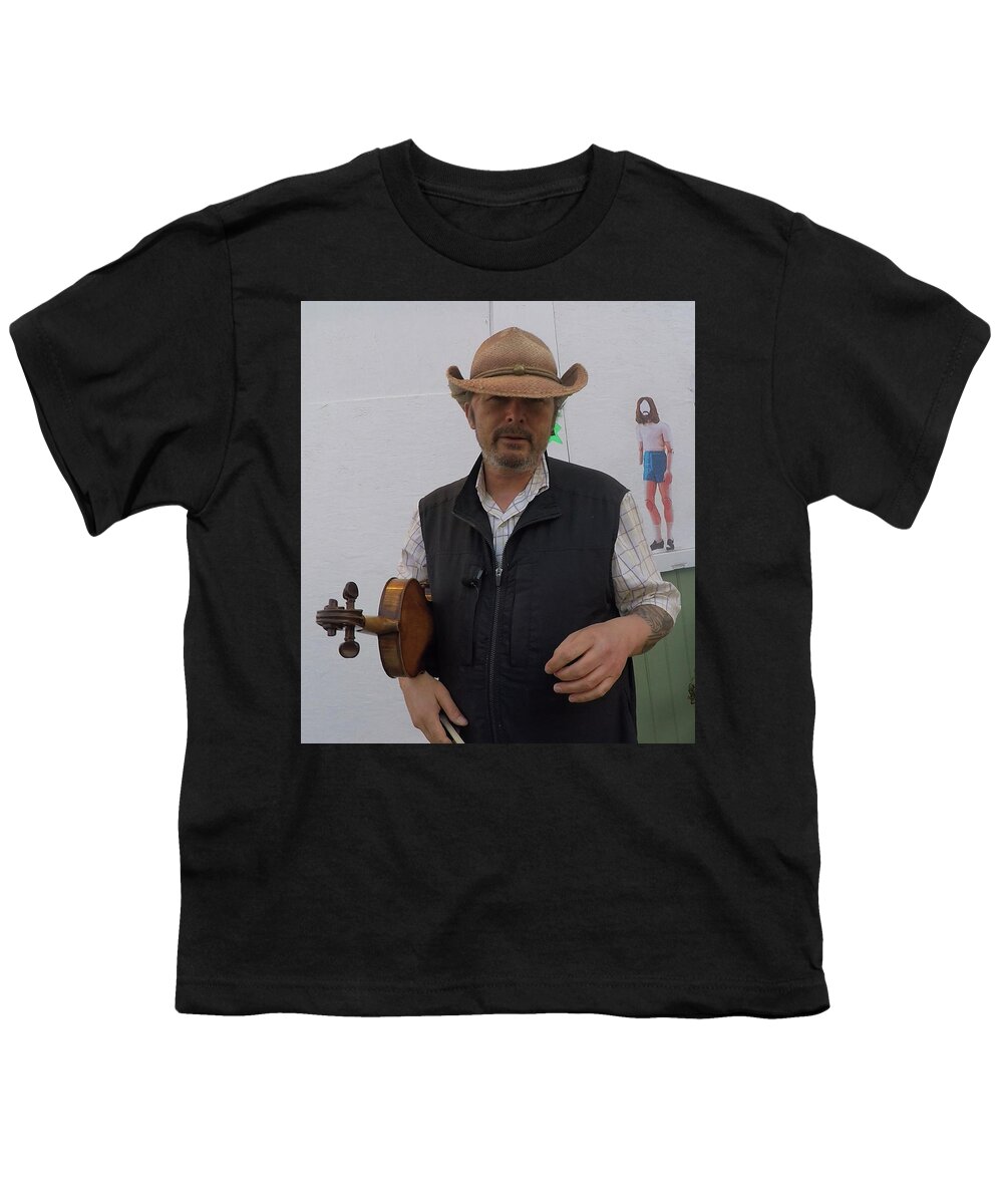 Cowboy Youth T-Shirt featuring the mixed media Benny Baker disciple of Kenny Baker, the Greatest Fiddler of the 20th Century by Bencasso Barnesquiat