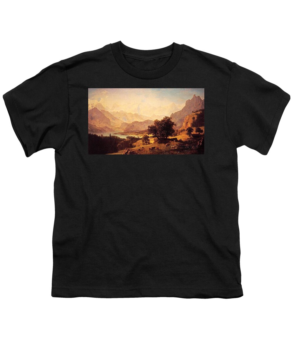 Beach Youth T-Shirt featuring the painting Bernese Alps, as Seen near Kusmach by Albert Bierstadt by MotionAge Designs