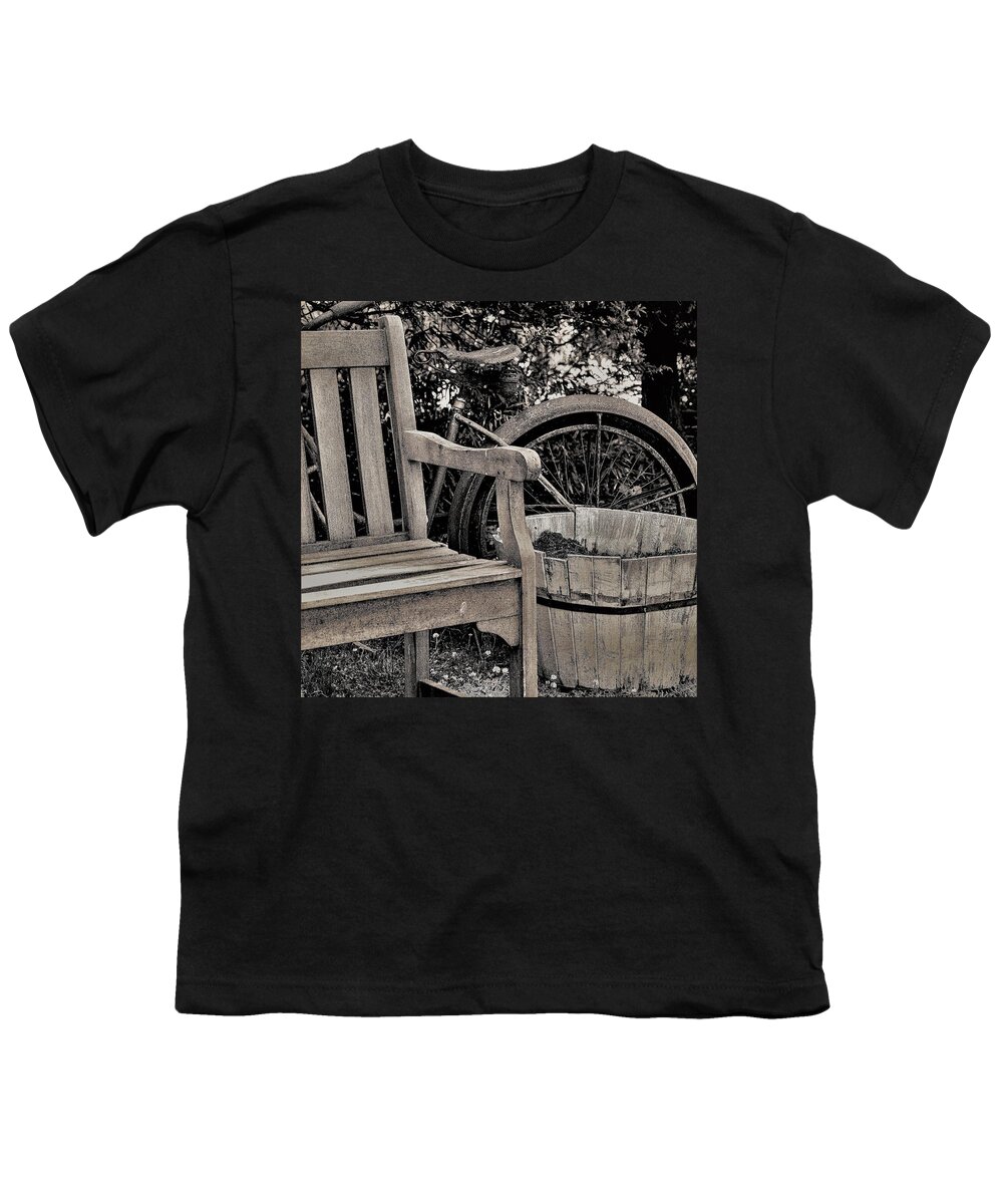 Bicycle Bench B&w Youth T-Shirt featuring the photograph Bicycle Bench4 by John Linnemeyer