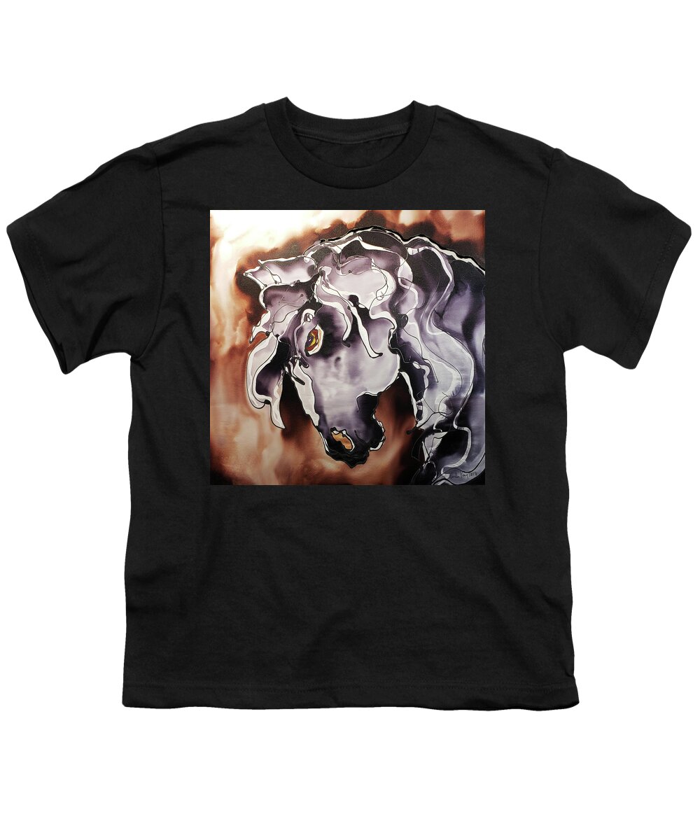 Hand Painted Silk Youth T-Shirt featuring the painting Black and white horse at dusk by Karla Kay Benjamin