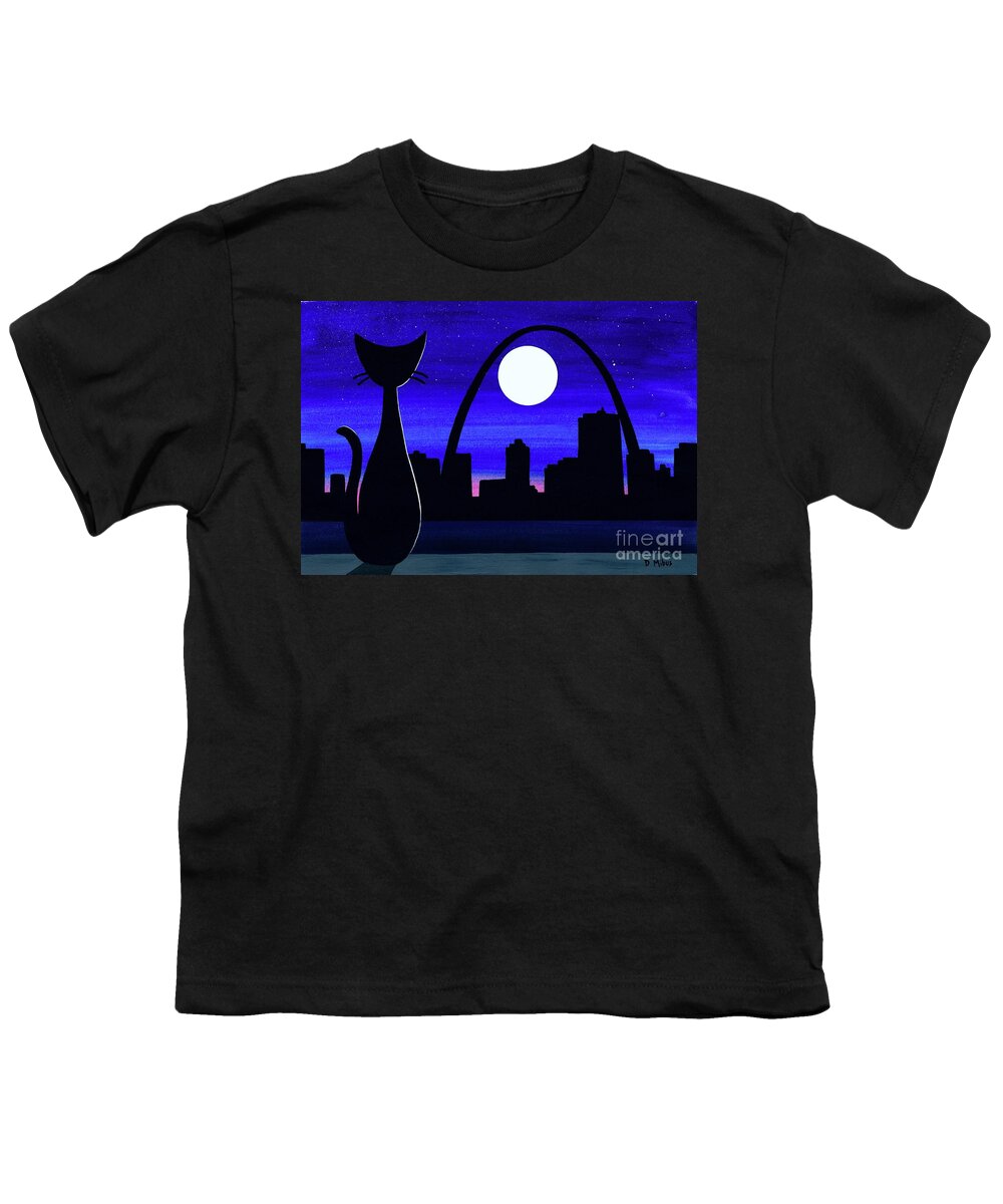 Mid Century Modern Black Cat Youth T-Shirt featuring the mixed media Black Cat views St. Louis Gateway Arch by Donna Mibus
