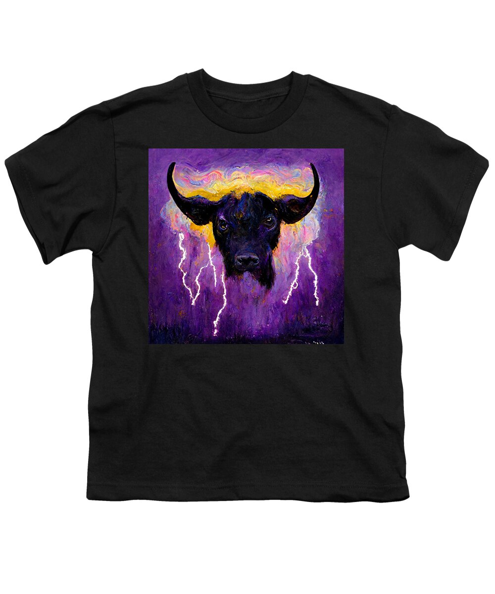 Black Cow Bull Painted By Eric Robitaille Lightning  B465d68d 1a3f 4398 8a3e 83b045de4fed Youth T-Shirt featuring the painting black cow bull painted by Eric Robitaille lightning  b465d68d 1a3f 4398 8a3e 83b045de4f by MotionAge Designs