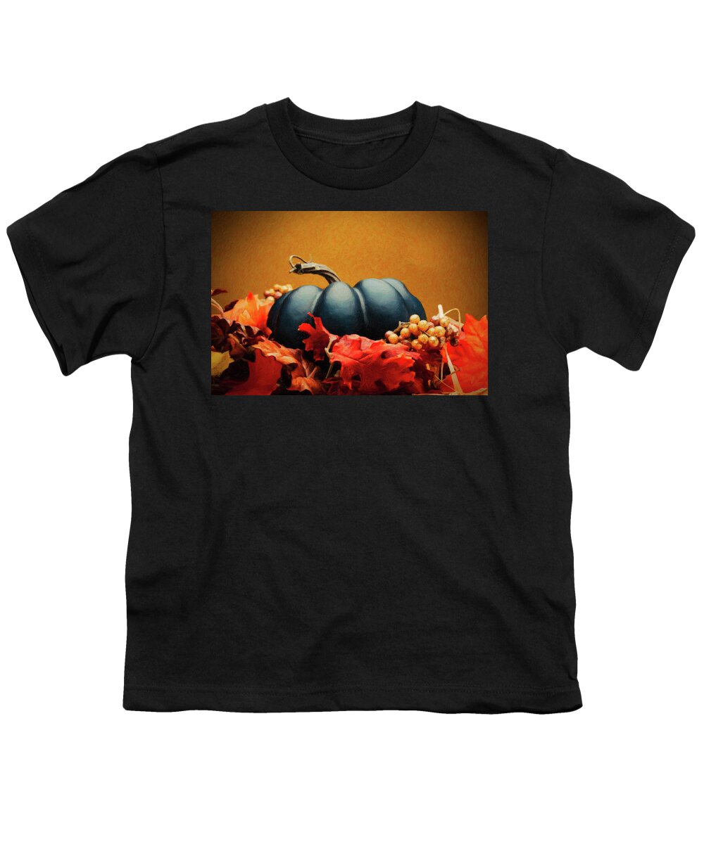 Autumn Youth T-Shirt featuring the digital art Blue Pumpkin and Autumn Foliage by SR Green
