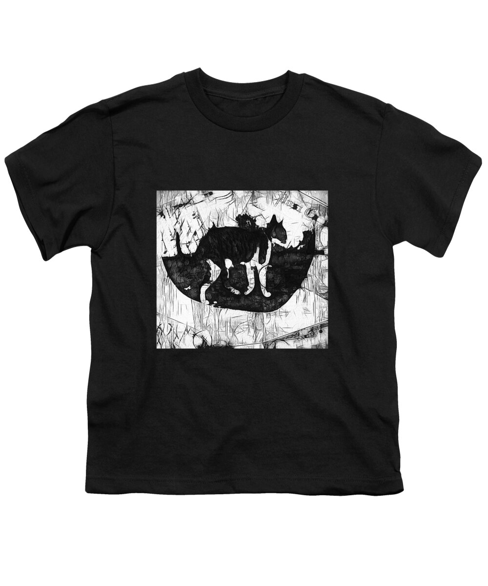 Cat Travels In Black And White Youth T-Shirt featuring the mixed media Cat Travels in Black and White by Kandy Hurley