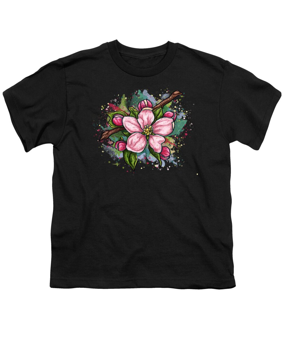 Flower Youth T-Shirt featuring the painting Cherry blossom painting on black background, pink flower art by Nadia CHEVREL