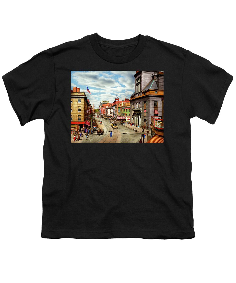 Fall River Youth T-Shirt featuring the photograph City - Fall River, MA - The City Hall on Main Street 1913 by Mike Savad