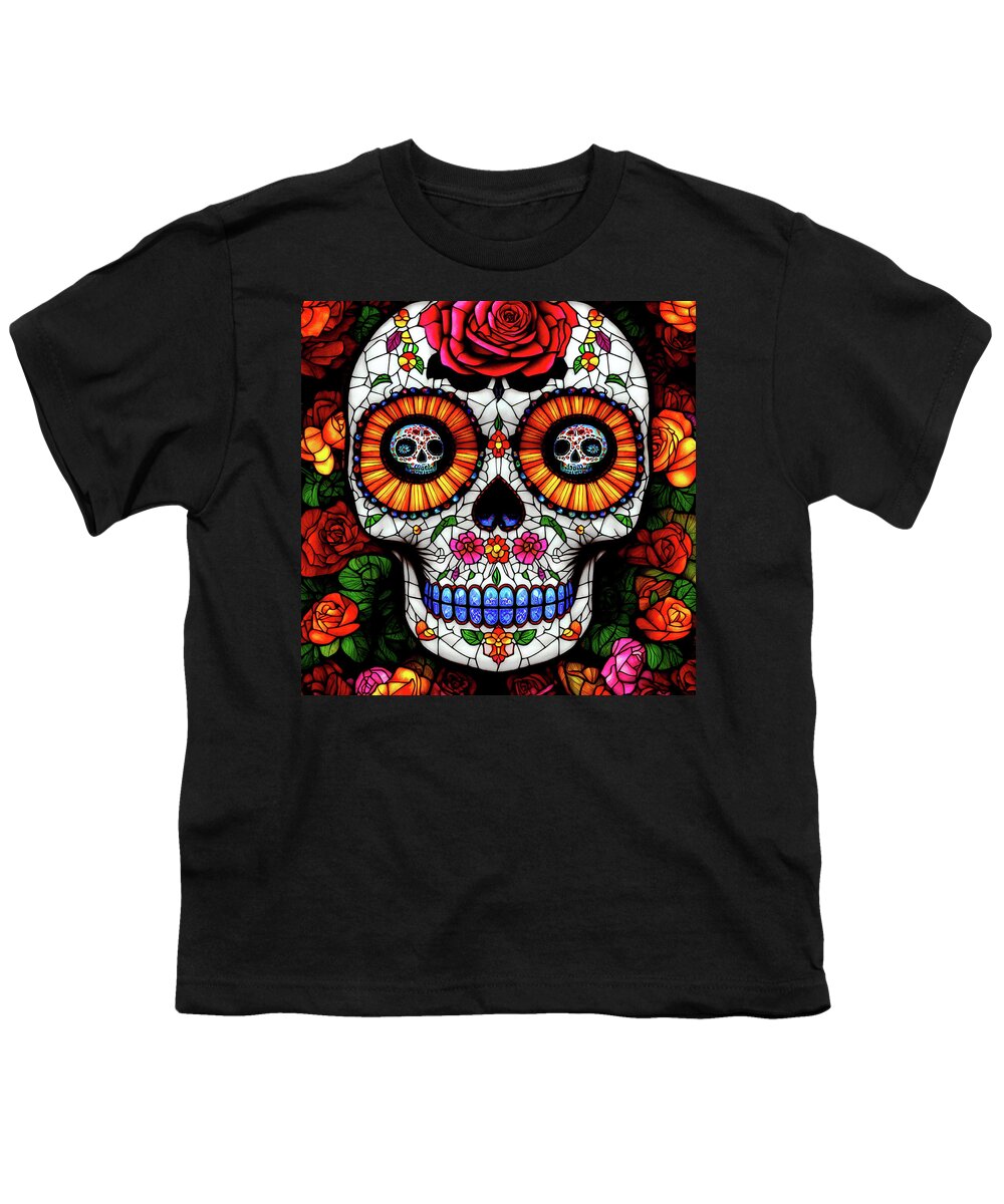 Sugar Skulls Youth T-Shirt featuring the digital art Day of the Dead Sugar Skull by Peggy Collins