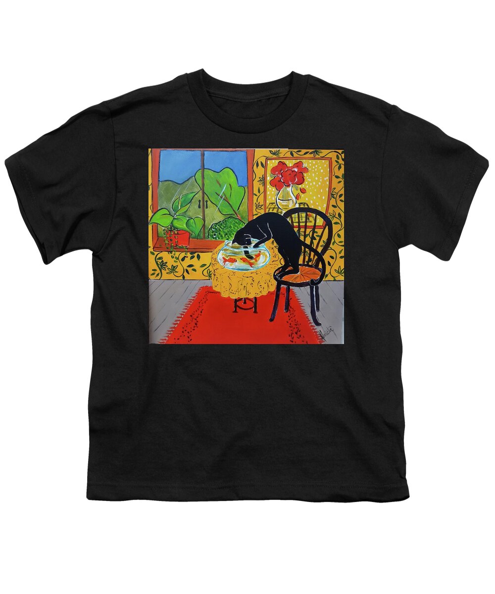 Black Cat Youth T-Shirt featuring the painting Dinner Time by Almeta Lennon