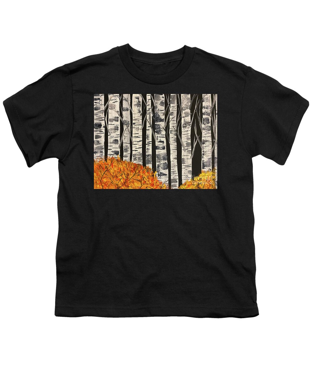 Fall Youth T-Shirt featuring the painting Fall Birches at Night by Lisa Neuman