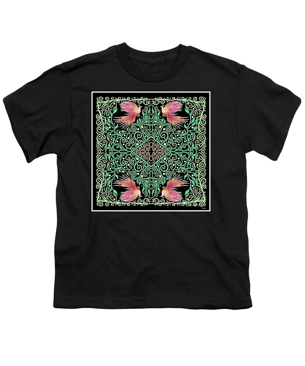 Firebirds Youth T-Shirt featuring the mixed media Firebirds on a Black Background with Greenery by Lise Winne