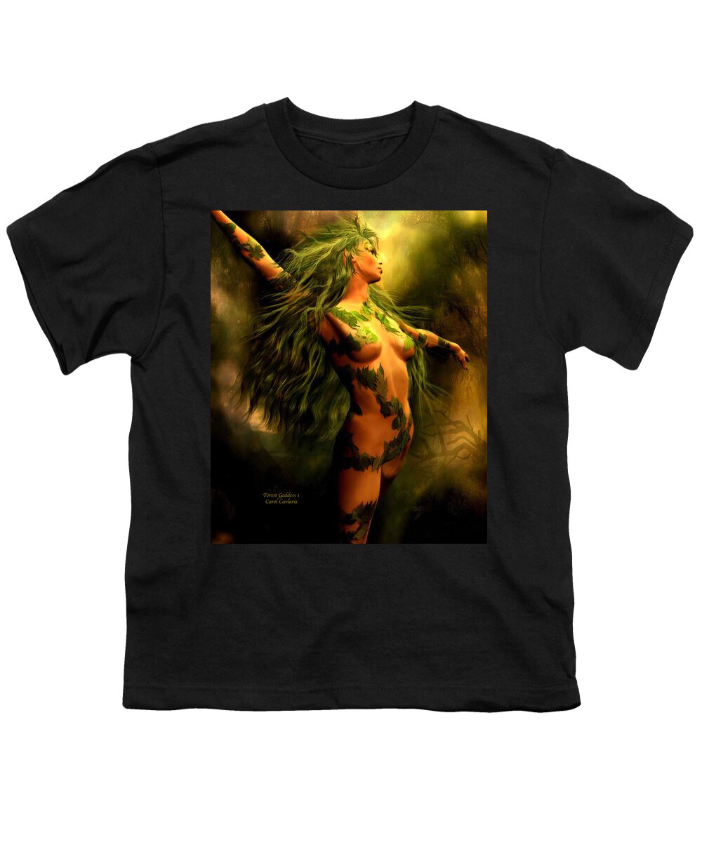 Goddess Youth T-Shirt featuring the mixed media Forest Goddess 1 by Carol Cavalaris