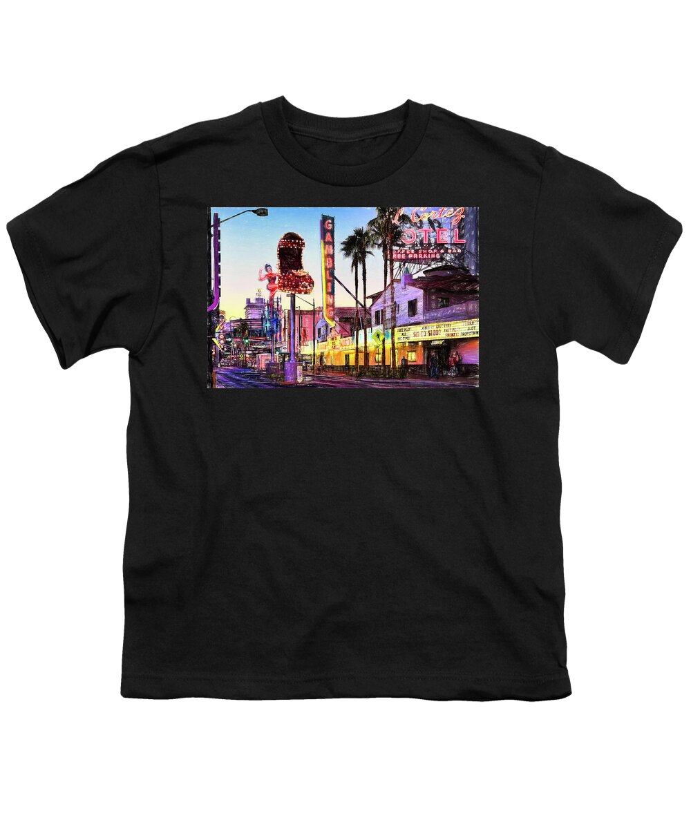 Fremont Street Youth T-Shirt featuring the mixed media Fremont Street Neon Signs - Digital Colored Pencil by Tatiana Travelways