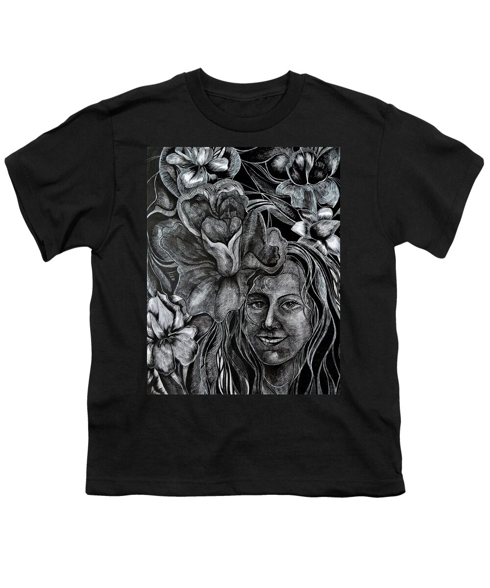 Black And White Youth T-Shirt featuring the drawing Garden. Night Iris by Anna Duyunova