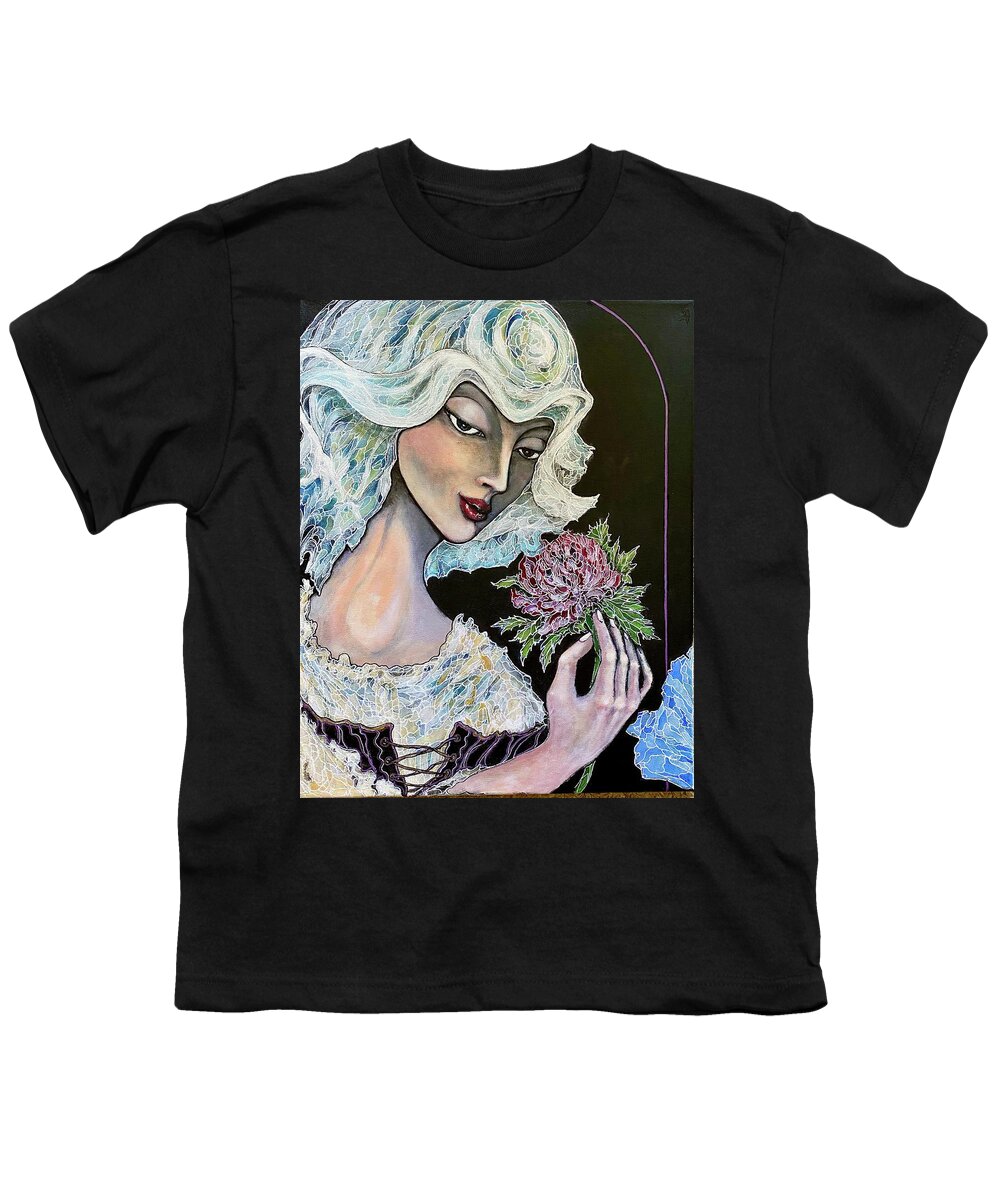 Original Art Youth T-Shirt featuring the painting Girl Holding Flower 1 by Rae Chichilnitsky