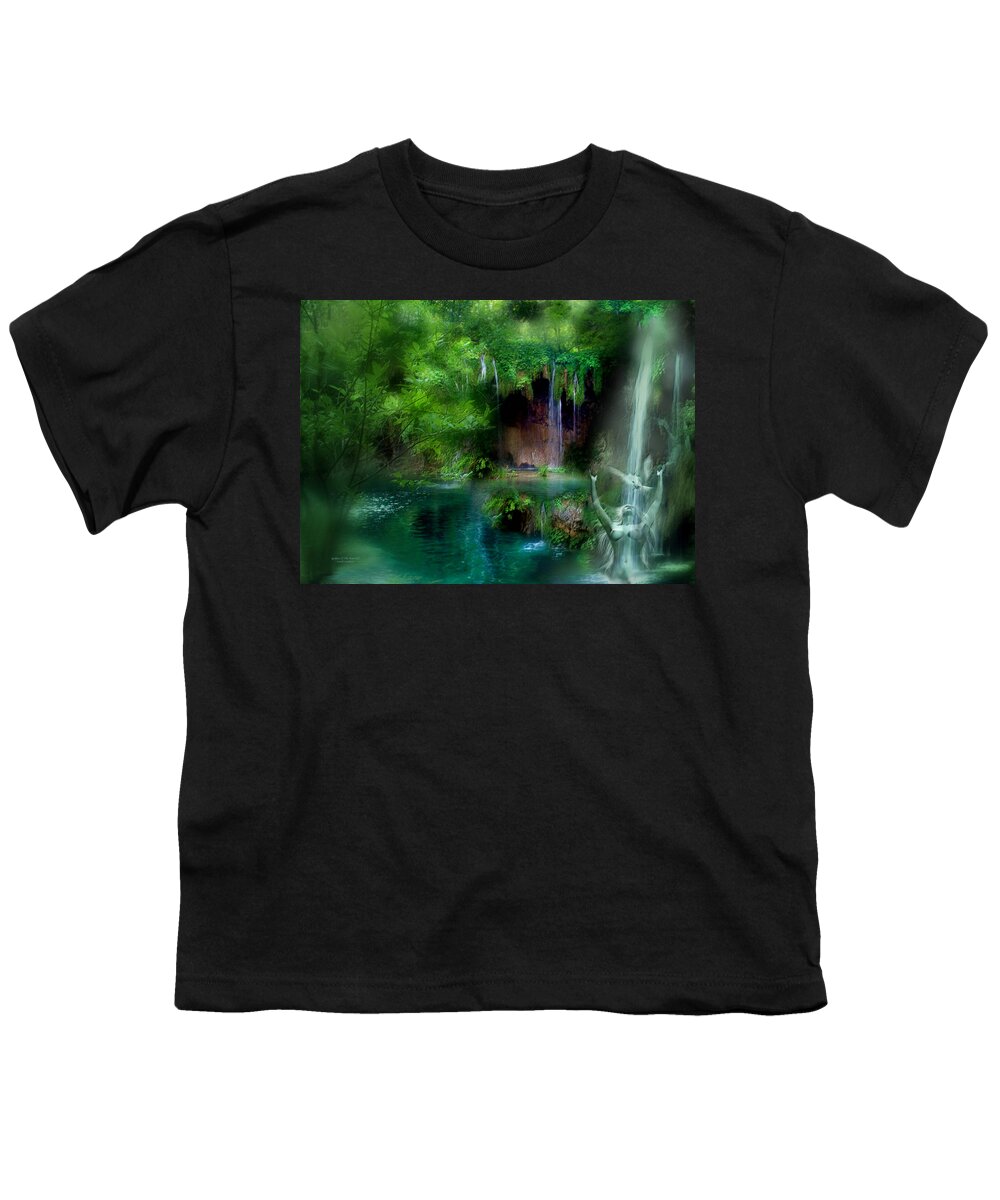Goddess Youth T-Shirt featuring the mixed media Goddess Of The Waterfall by Carol Cavalaris